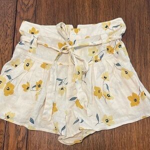 Billabong Pacsun Yellow Floral Paper Bag Tie Waist Cotton Flax Shorts Small